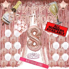8th Birthday Rose Gold Decorations - 40" Number Balloons, Foil Curtains  More