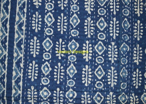 Indigo Blue Abstract Print Twin Kantha Quilt Geometric Cotton Ralli Throw Decor - Picture 5 of 5