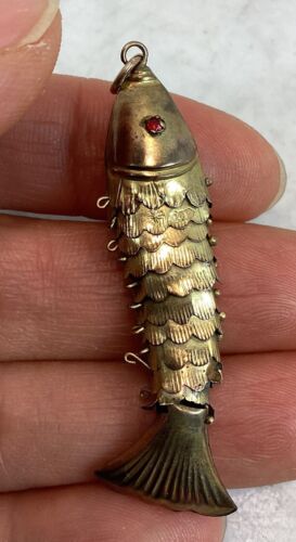 Antique Vintage 14K Gold Articulated Red Eye Fish Pendant As Is - Picture 4 of 16