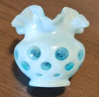 FENTON Blue Opalescent COIN DOT Ruffled Top Vase 4"  Vintage 50s