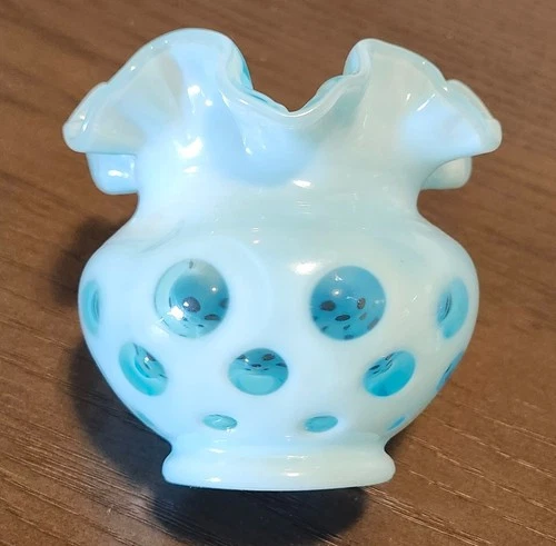 FENTON Blue Opalescent COIN DOT Ruffled Top Vase 4"  Vintage 50s
