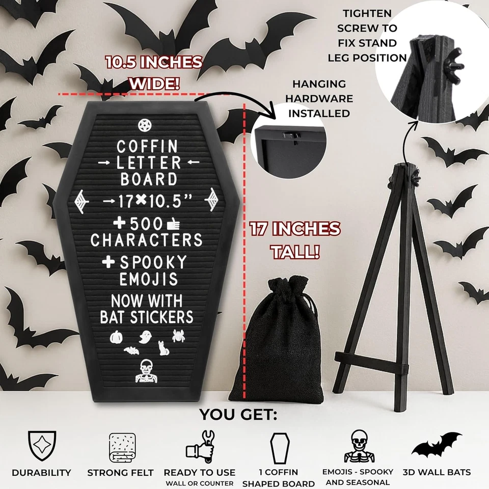 Coffin Letter Board Black +3D Bat Stickers +650 Characters, Spooky & Seasonal Em - Image 3 of 4