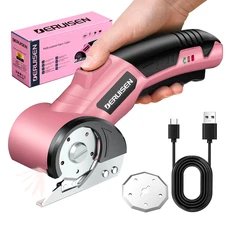 Cordless electric scissors, USB charging, with safety lock, ergonomic handle.