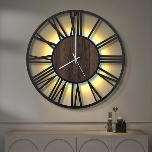 Large Wall Clocks with Night Light Battery 24 Inch Black-wood-roman