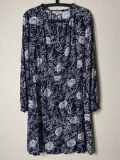 LOFT Dress Women Sz L Black Florals Smocked Waist Knee Length