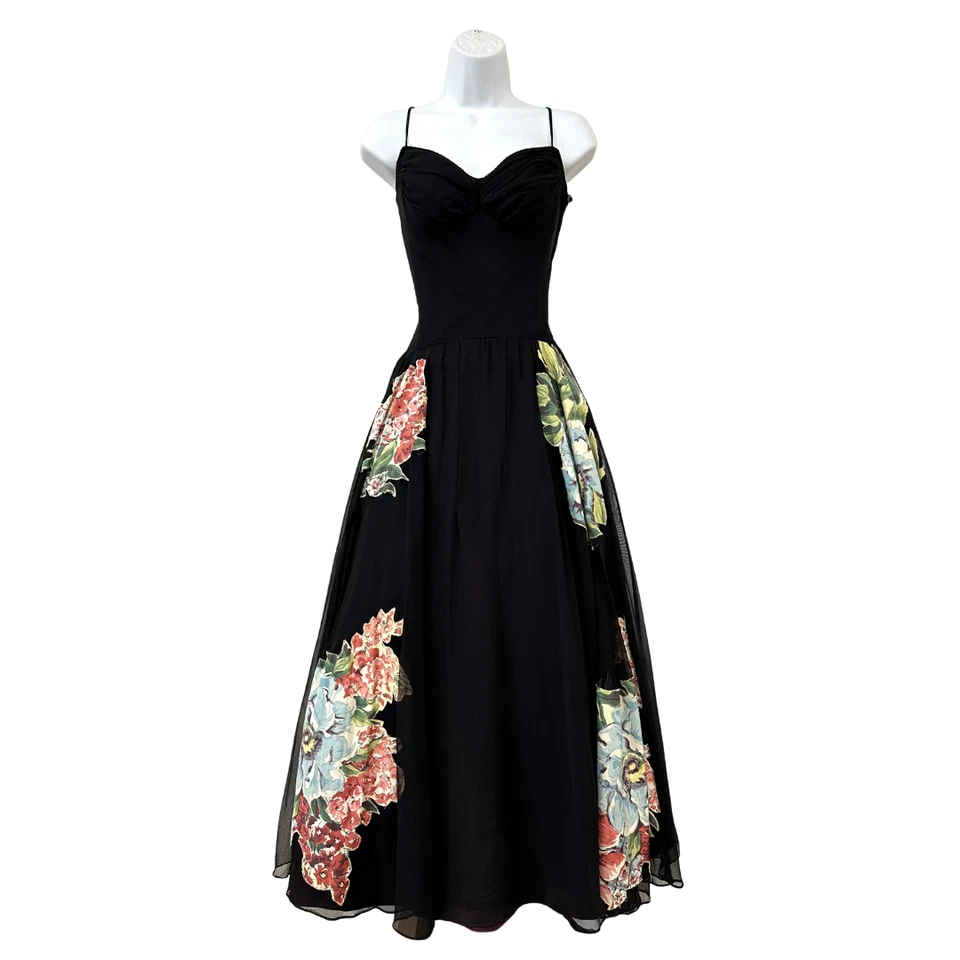 Maxi Vestido Formal Vintage Años 40 con Apliques Florales Negro Transparente Novia Foto 2 de 4