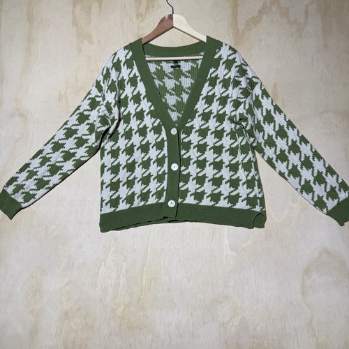Massimo Dutti Italy Houndstooth Cardigan Sweater Cashmere Wool Green Women L