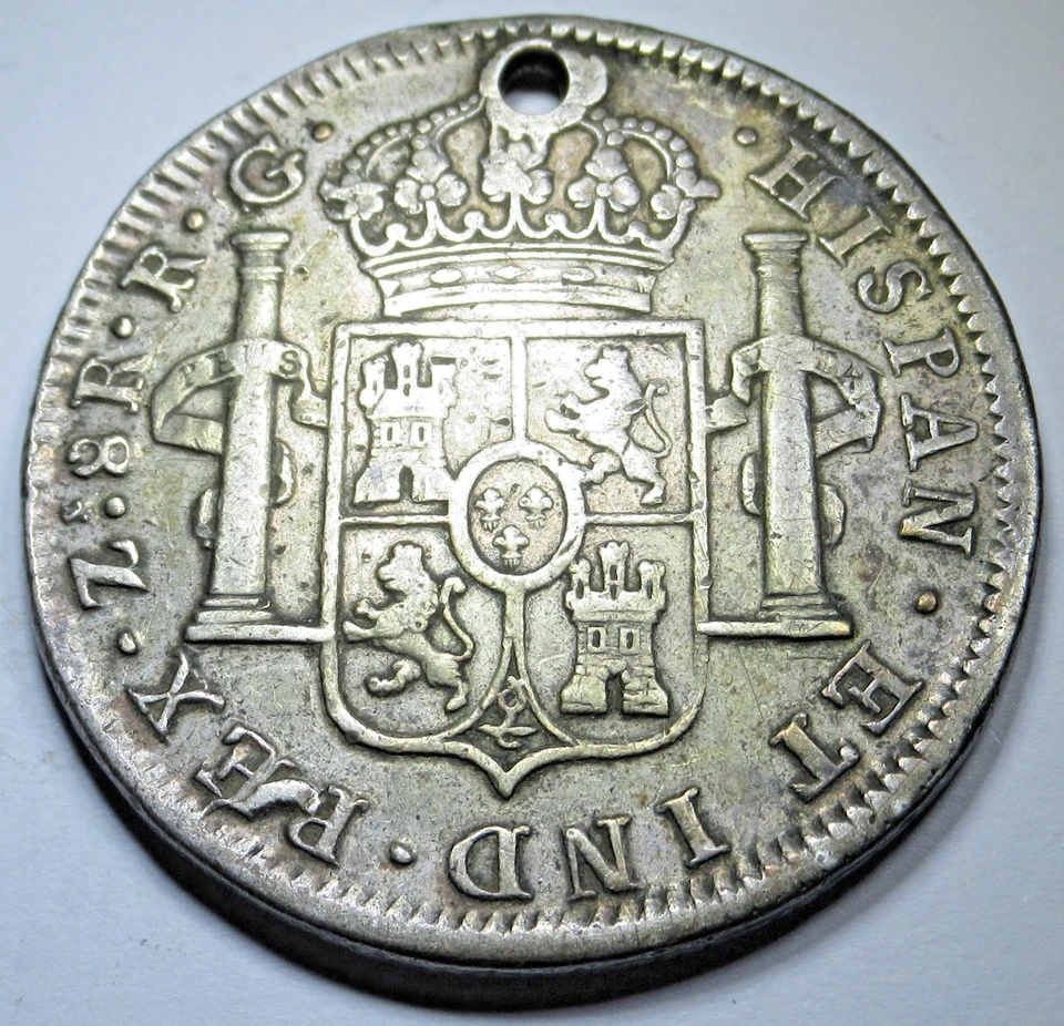 1821-RG Holed Zacatecas Mexico 8 Reales Spanish Colonial Dollar Pirate Coin - Image 2 of 2