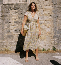 Christy Dawn Midi Dress NWT Yellow Blue Floral XL Short Sleeve V-Neck Cottage