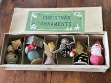 Vtg 6 Commodore Christmas Ornaments W/Box Japan Mica Pinecone
