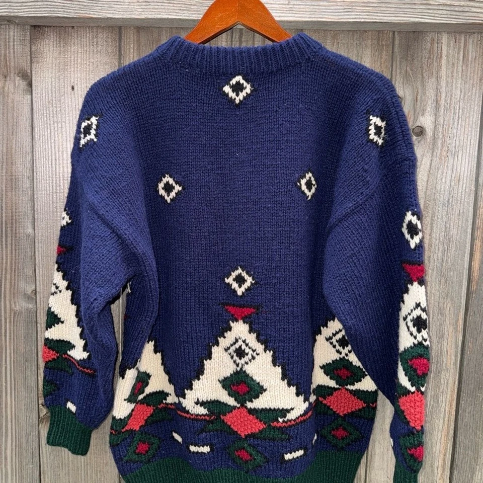 Suéter Vintage Marsh Landing Tejido a Mano 100% Lana Shetland Azul Rojo Cuello Alto Foto 2 de 4