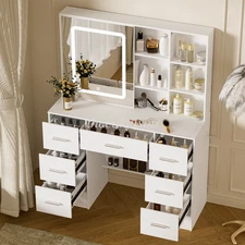 White Vanity Set with Led Lighted Makeup Desk Mirror Dressing Dresser Table