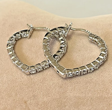 LOVELY STERLING SILVER CZ HEART HOOP EARRINGS 7/8"
