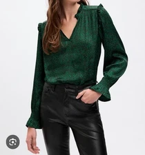 GAP size Large Satin V-Neck Long Sleeve Speckled Ruffles Blouse Casual Holiday 