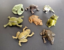 Collection of 8 Vintage Frog Figurines Ceramic, Metal, Plastic