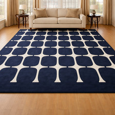 Hand Tufted Wool Area Rug Navy Blue & Ivory Geometric Modern Living Room Carpet