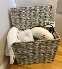 Image of LOVELY LARGE SOFT GREY PLASTIC WOVEN STORAGE BASKET WITH LID/NTYHW217