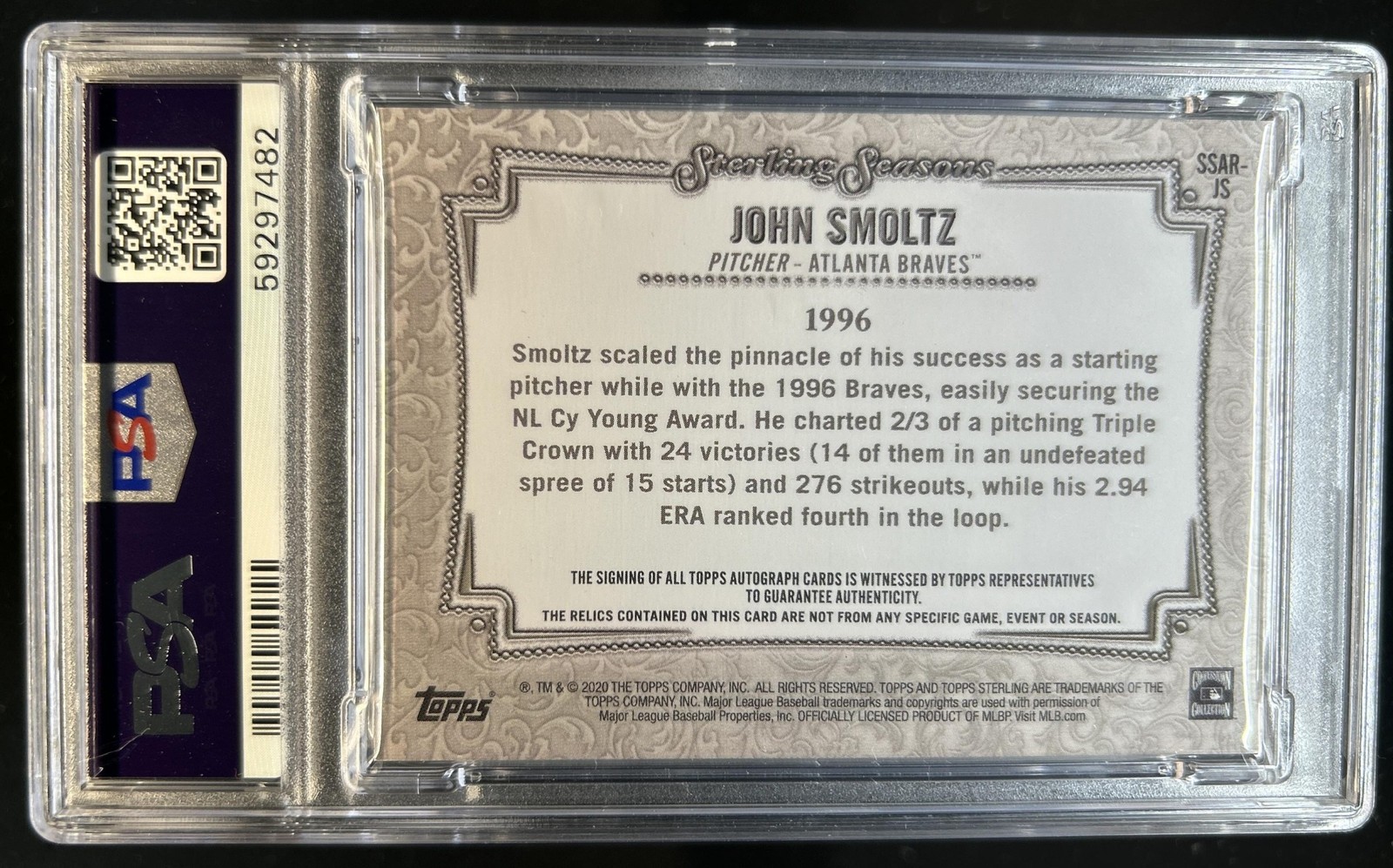 2020 Topps Sterling John Smoltz Seasons Jersey Auto Autograph #/25 PSA 9 view 2