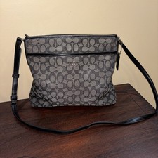 Coach Signature File Black Gray Monogram Crossbody Jacquard Canvas Bag 12  x11  