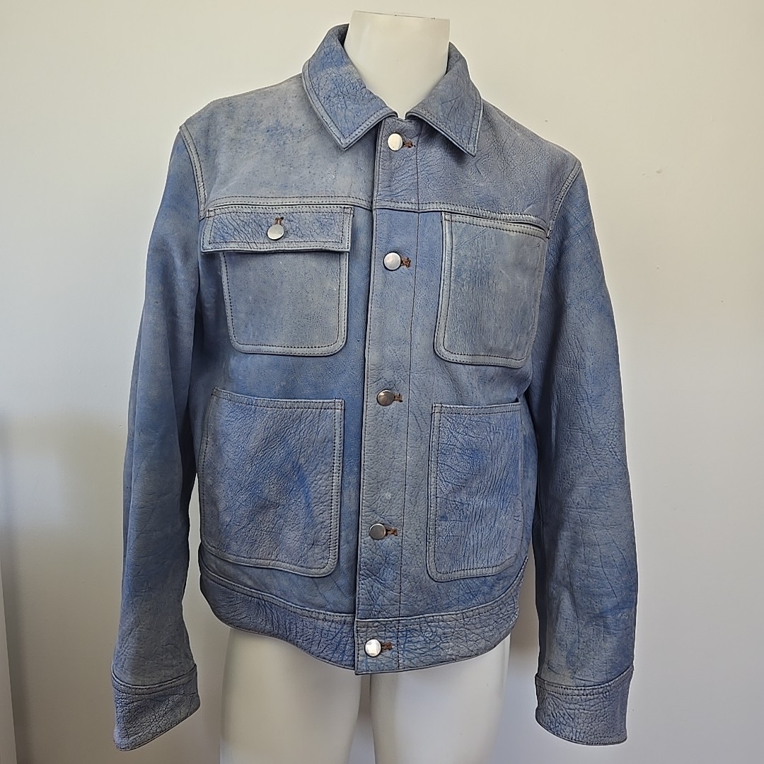 ZARA ダメージデニムジャケット XL 44 Zara Denim Effect Blue Buffalo Leather Jacket Men's XL (44