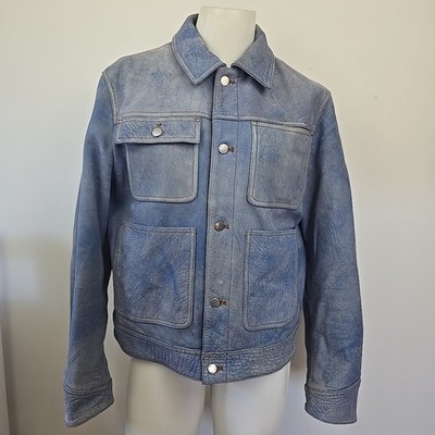 Zara Denim Effect Blue Buffalo Leather Jacket Men's XL (44