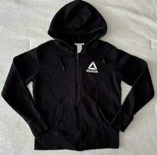 REEBOK Womens XS X-small Hoodie Full Zip Hooded Sweatshirt Black Classic EUC