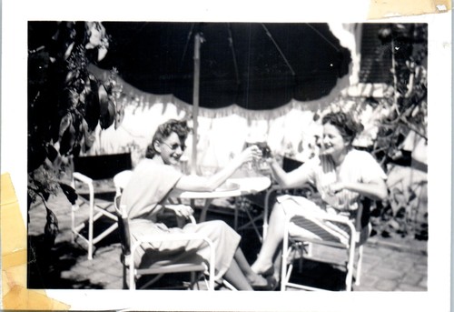 1950s Two Women Cheers Toasting Drinks Patio Fun Friends Vintage Photo