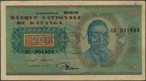 Katanga 20 FRANCS P-6 1960 Rare Specimen AUNC World Currency Congo Money NOTE - Picture 1 of 5
