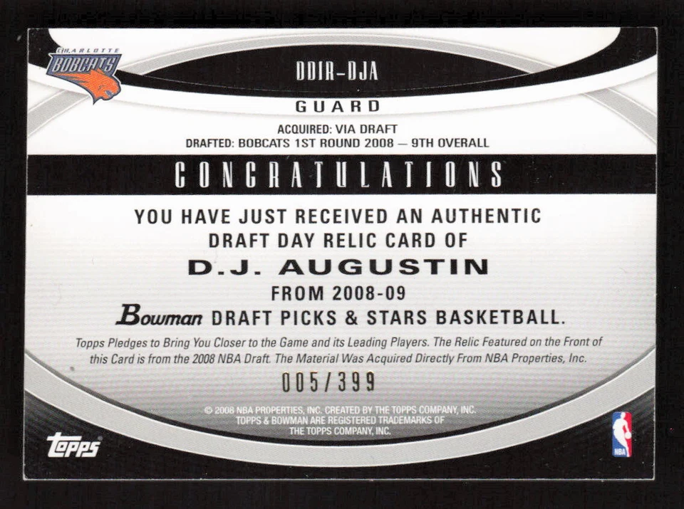 2008-09 BOWMAN DRAFT DAY ISSUE RELICS DJ AUGUSTIN #DDIR-DJA 005/399 - Image 2 of 2