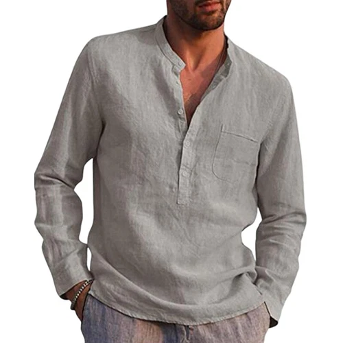 T-shirt uomo manica lunga cotone lino casual tinta unita bottoni scollo a V - Foto 6 di 25
