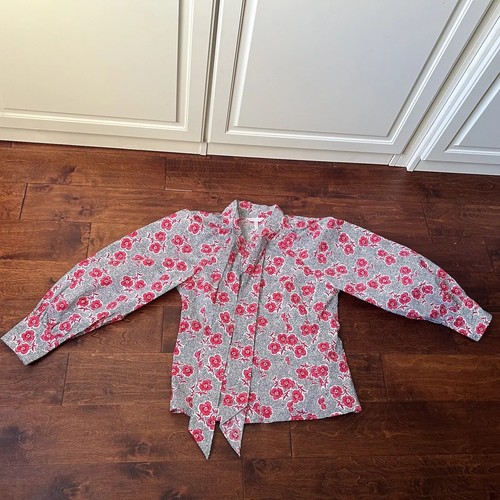 Rebecca Taylor Coral Black Floral Neck Tie Top Puff Sleeve Stretch Blouse Top 8 - Picture 14 of 16
