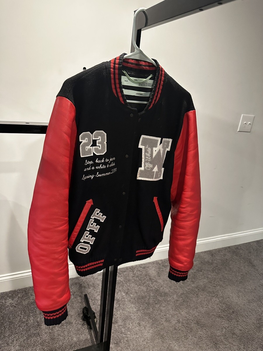 OFF-WHITE GRAPHICS LEATHER VARSITY JACKET | Red | Size / L OFF-WHITE GRAPHICS LEATHER VARSITY JACKET | Red | Size / L