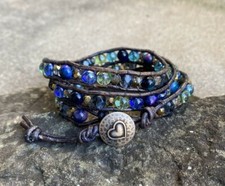 Gemstone Beaded 3X Wrap Bracelet Blue Multi Gemstone Blue leather Bracelet Boho
