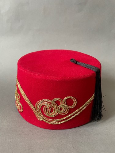 Red Fez Hat, Genuine & Authentic Turkish Fes, Ottoman Tarboosh Wear w Gold Trim - Picture 8 of 11