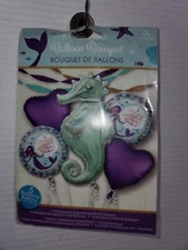 5pc Mermaid Wishes Seahorse Mylar Foil Balloon Bouquet Party Decorating Supplies
