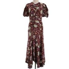 790$Ulla Johnson Heleen Midi Ruched Dress Sz 12 Heliotrope Burgundy/ Floral Silk