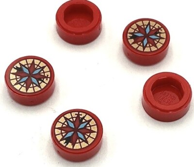 Lego 5 New Red Tiles Round 1 x 1 Black Arrow Compass Gold Background Parts