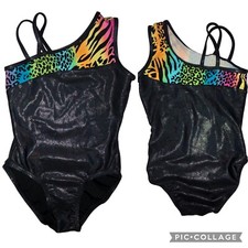 Girls M 6X-7 Gymnastic Dance Leotard One Shoulder Multi Animal Print Black Foil