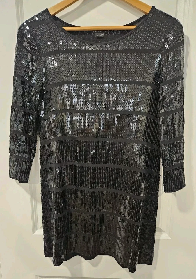 Theory Sequin 3/4 Sleeve Mini Dress Black LBD Cocktail Party Holiday NYE Small - Image 3 of 4