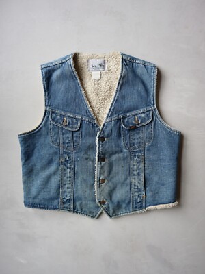 Vintage Lee Storm Rider Denim Vest Sherpa Lined Made in USA Distressed Size L