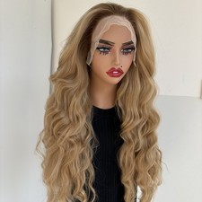 Natural Long Wavy Heat Resistant Synthetic Hair Ombre Blonde Lace Front Wigs