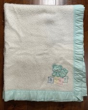Vintage Cuddle Time Baby Acrylic Blanket With Satin Trim Blue Bear With Blocks