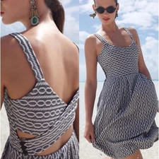 Anthropologie Rolo Cross Back Geometric Fit & Flare Dress Size Medium Gray White