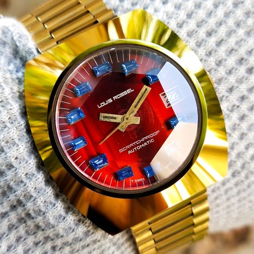 RARE LOUIS ROSSEL RED SHADED DIAL AUTOMATIC 7827 SWISS MADE 1970s WATCH