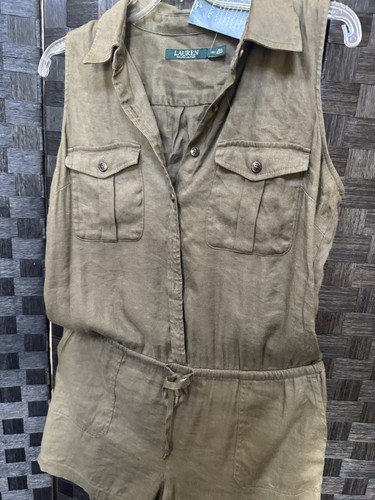 Ralph Lauren Olive Utility Romper Shorts Sleeveless Linen Blend 12 Petite NWT - Picture 16 of 17