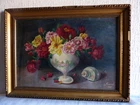Painting Antique 1933 Still Life IN Vase Bouquet of Flowers Shell