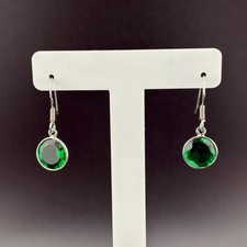 925 Sterling Silver Emerald Green Glass Crystal Bezel Set Pierced Earrings