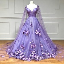 Lavender Purple Floral Lace Ball Gowns Formal Prom Occasion Dresses