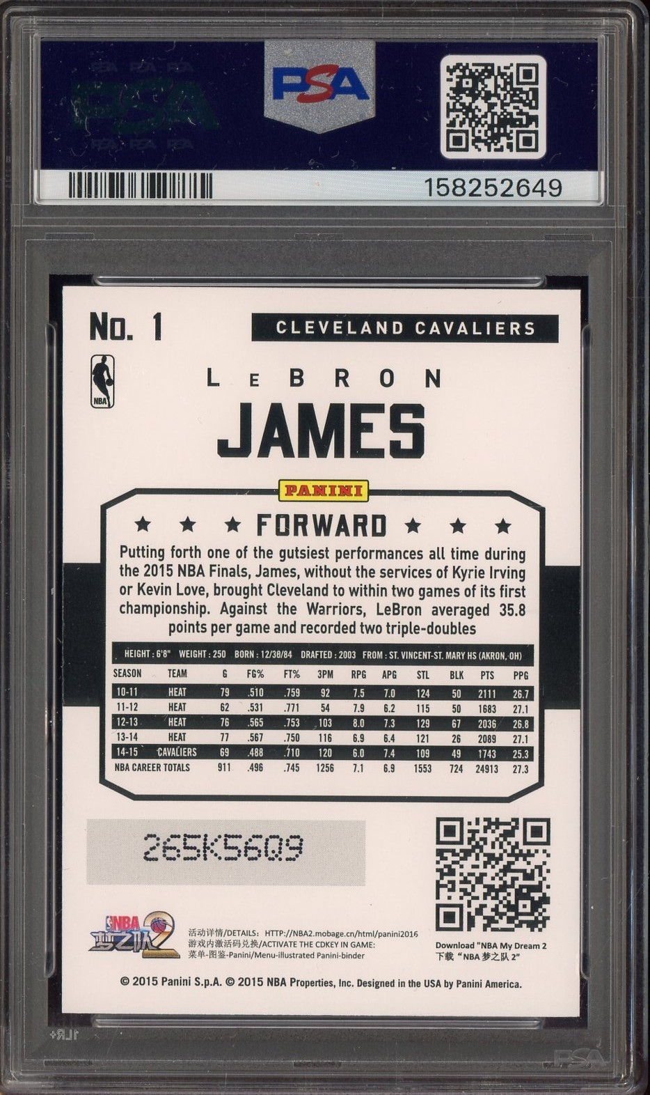 2015 Panini NBA International Hyper #1 LeBron James Cavaliers PSA 8 NM-MT view 2