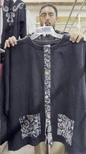 Women's Black Long Sleeve Button Front Top Floral Trim Patch Pockets